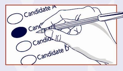 Photo of a partial ballot with an oval beside Candidate A, Candidate B, Candidate C and Candidate D.  A hand holding a marking device filling in the oval